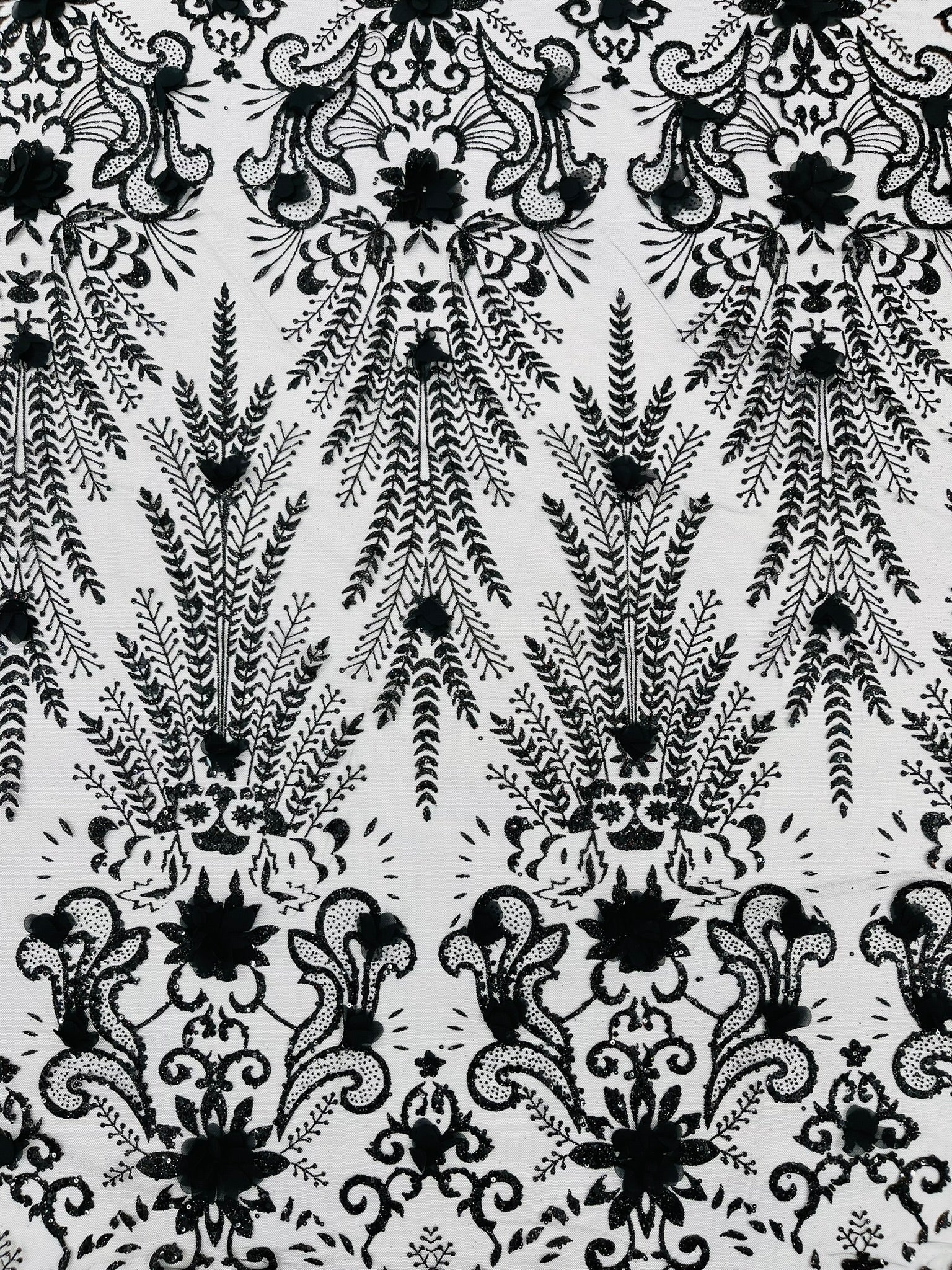 Floral 3D Palm Damask with glitter in a Mesh Lace- Sold by the yard