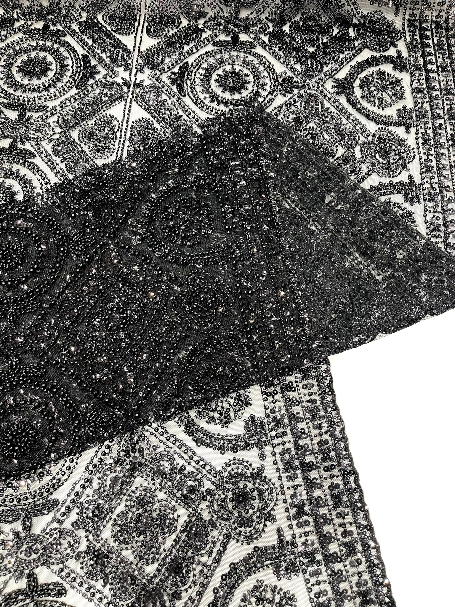 Geometric Beaded Lace Fabric, Heavy Embroidered Design on 58" Mesh for Dresses