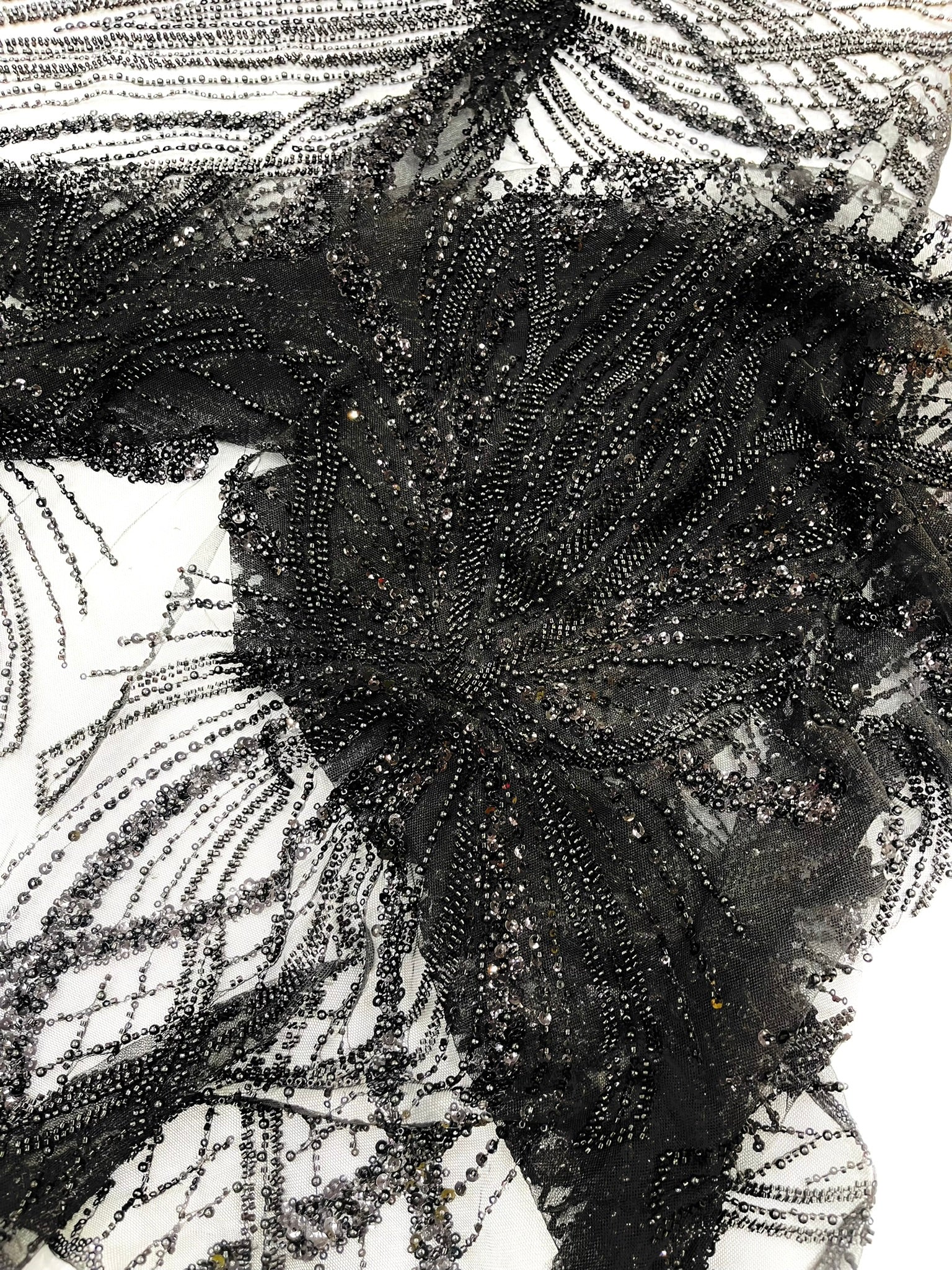 Palm Beaded Lace Fabric, Heavy Embroidered Design on 58" Mesh for Dresses