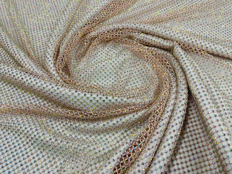 AB Iridescent Rhinestones On Soft Stretch Fish Net Fabric 45" Wide -sold by The Yard.