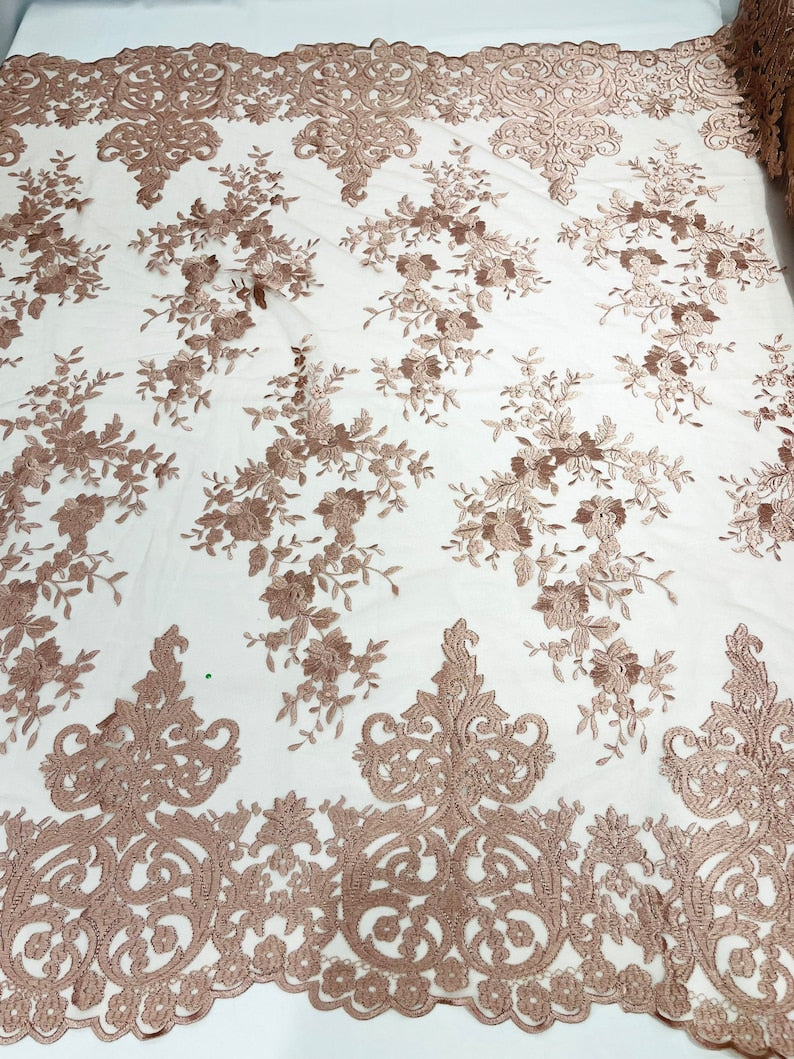 Elegant flower damask flat lace embroidery on a mesh-sold by the yard.