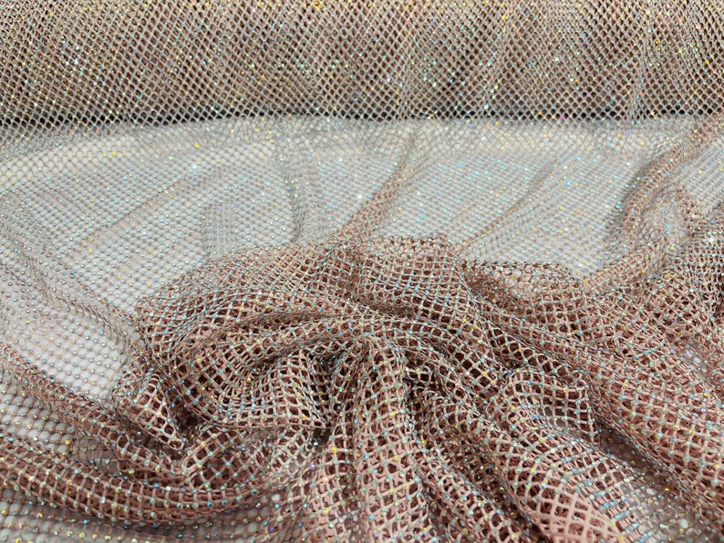 AB Iridescent Rhinestones On Soft Stretch Fish Net Fabric 45" Wide -sold by The Yard.