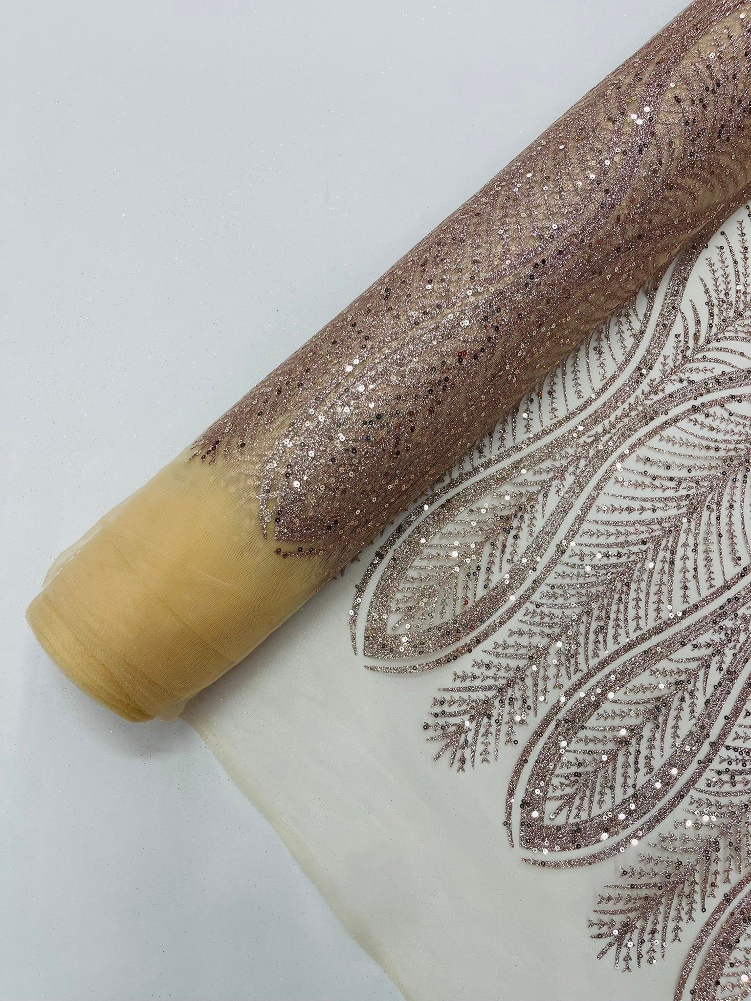 Glitter Feather Damask Design On A Beige Mesh Lace Fabric/Prom.