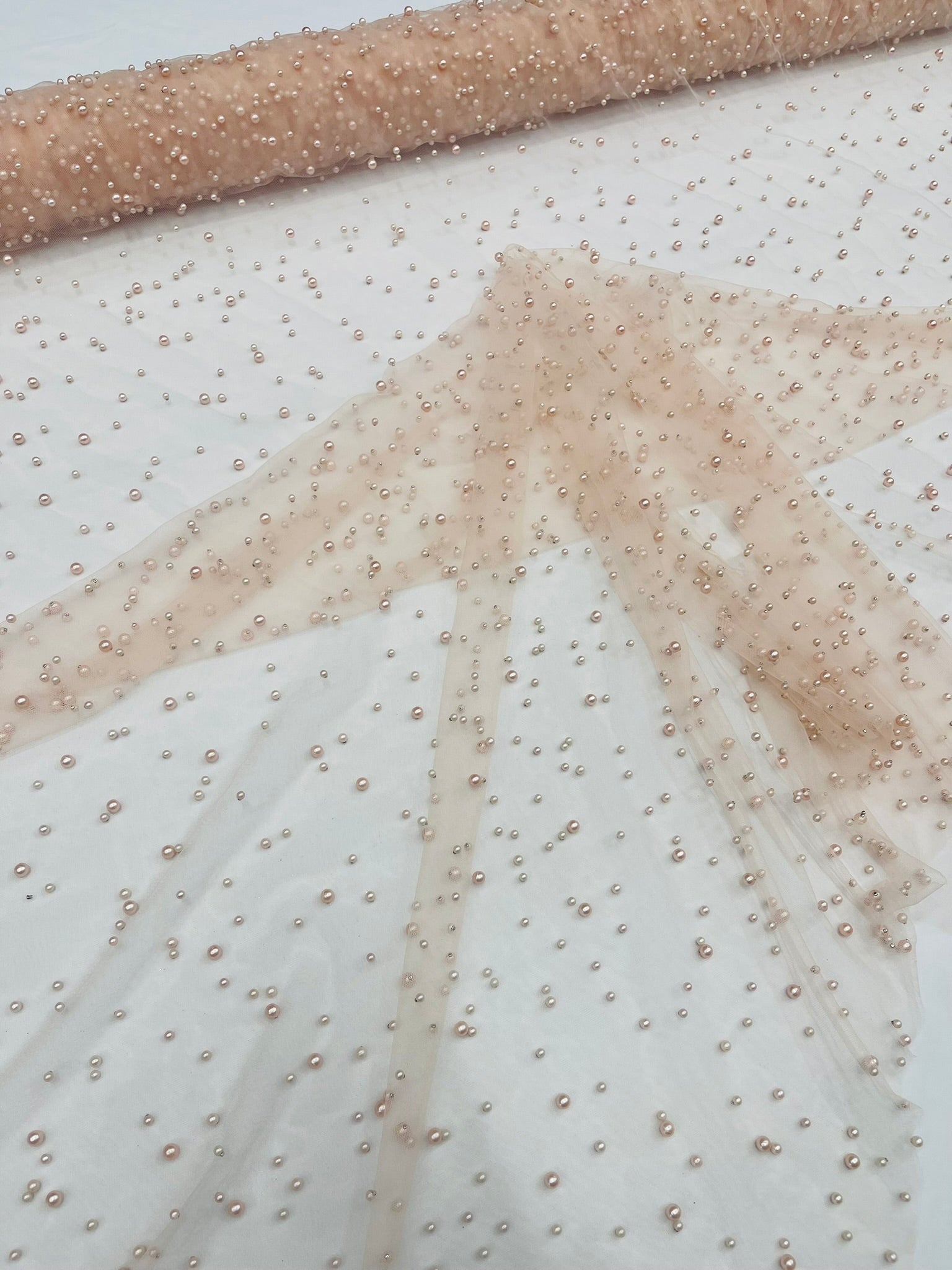 Scattered Pearls Studded Mesh, 2-Way Stretch, Sold by the yard.