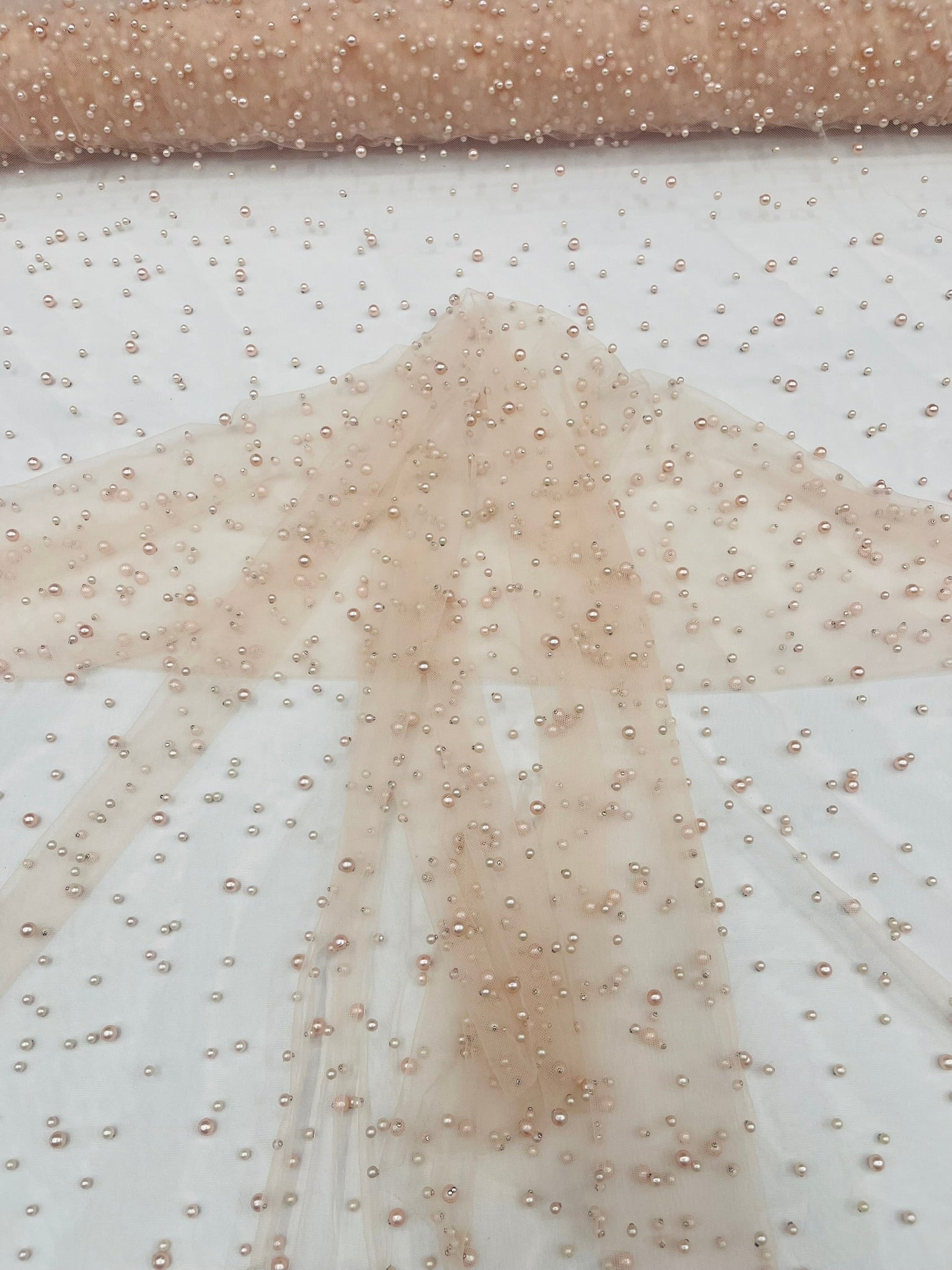 Scattered Pearls Studded Mesh, 2-Way Stretch, Sold by the yard.