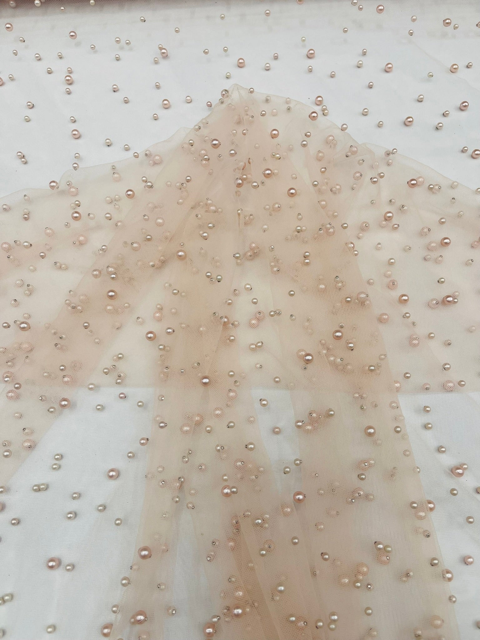 Scattered Pearls Studded Mesh, 2-Way Stretch, Sold by the yard.