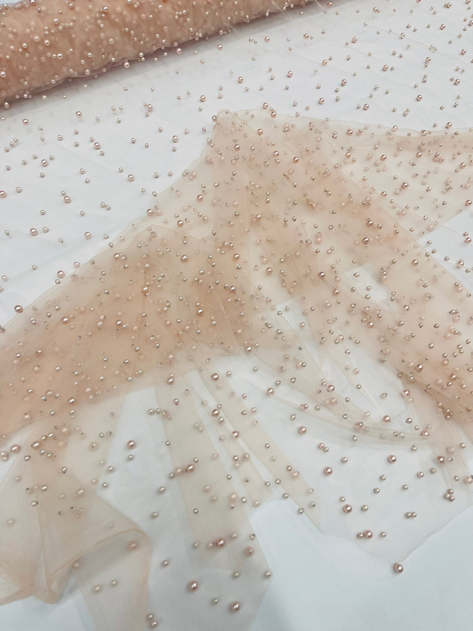 Scattered Pearls Studded Mesh, 2-Way Stretch, Sold by the yard.