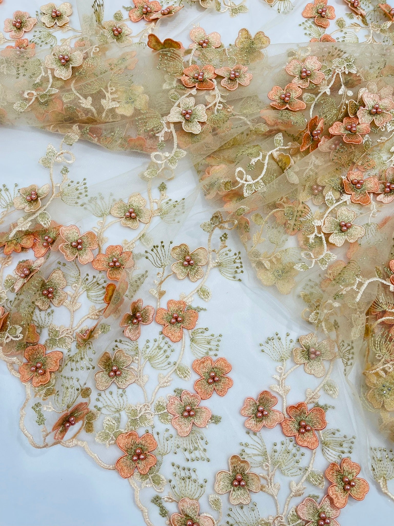 Multi Color 3D Floral design embroider with pearls in a mesh lace fabric -Sold by the yard