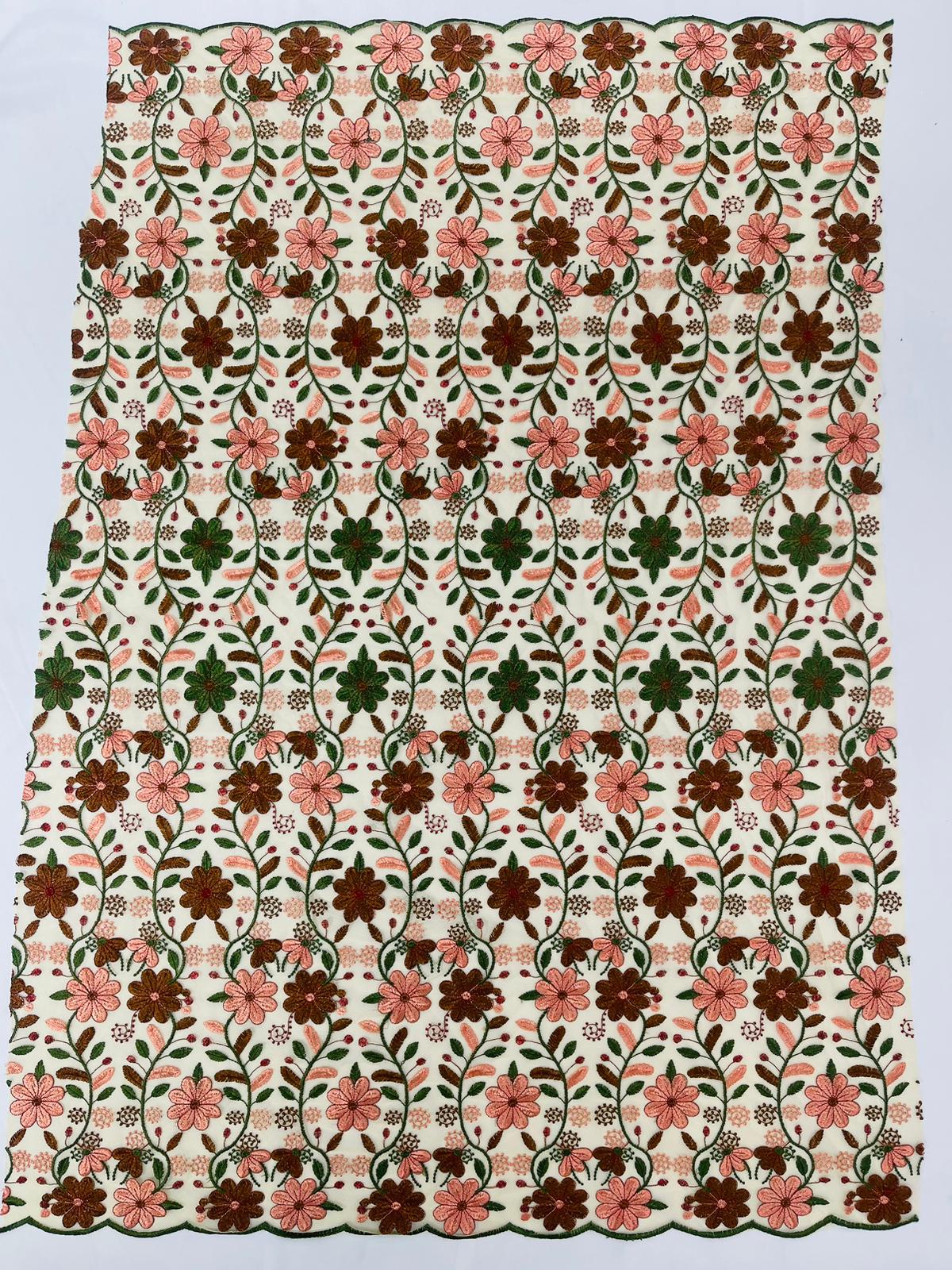 Oaxaca multi color Mexican Sarape floral design embroider on mesh lace-sold by the yard.