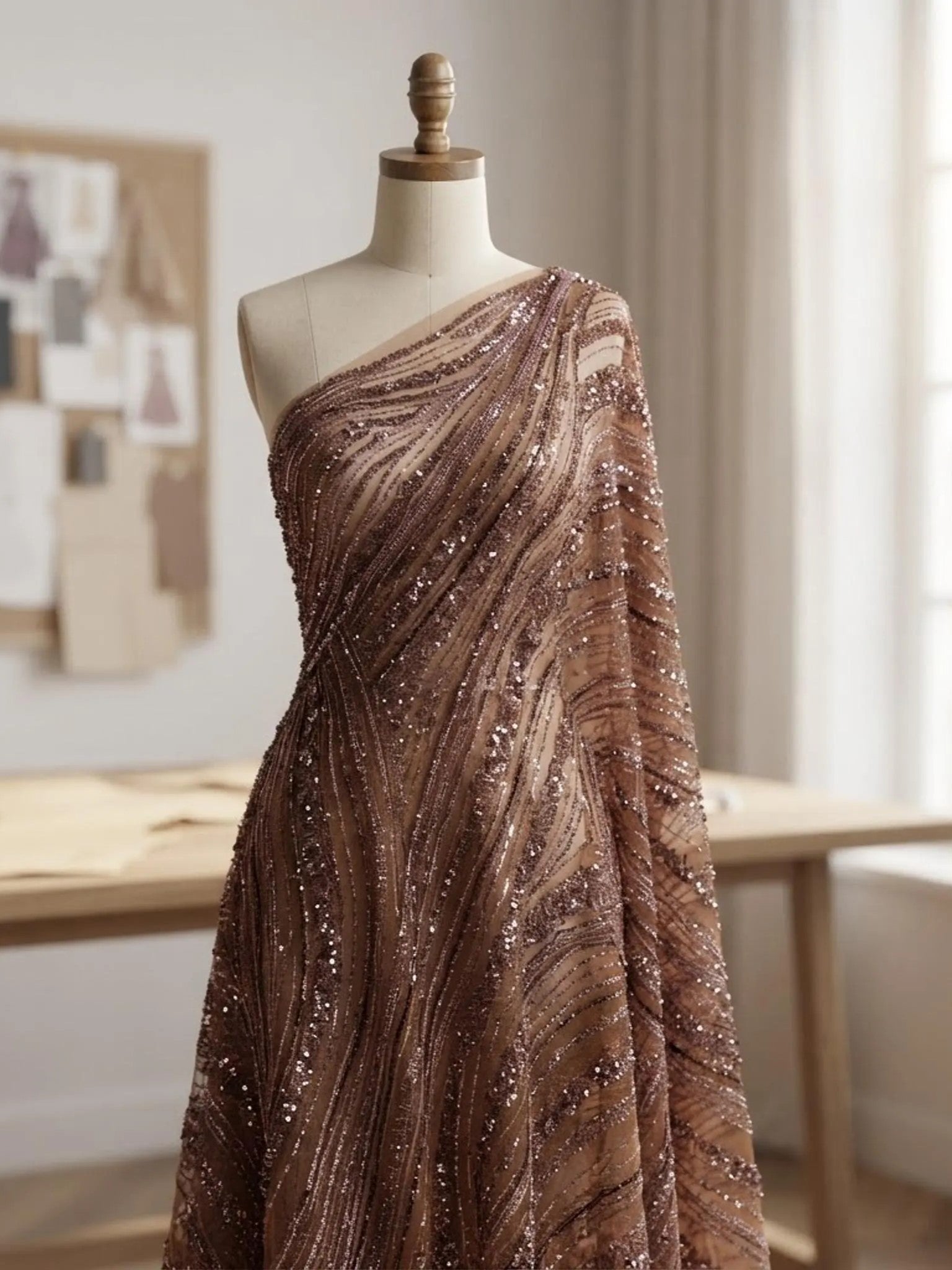Luxury Feather Damask Beaded Lace Fabric| Prom| Wedding| By The Yard.