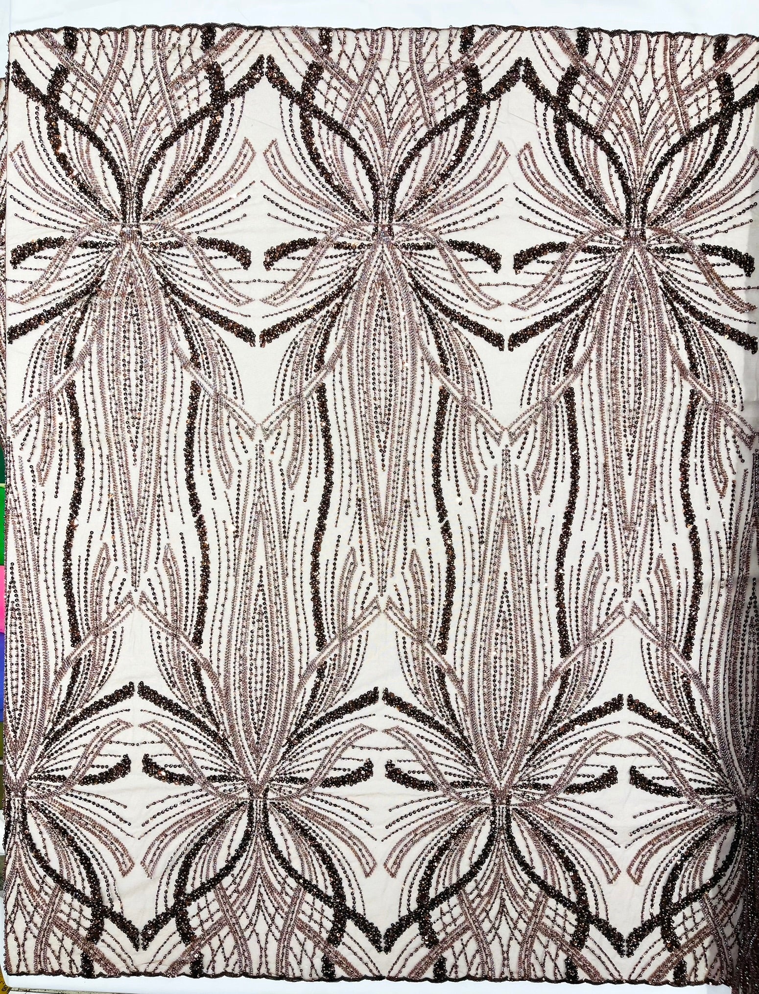 Palm Beaded Lace Fabric, Heavy Embroidered Design on 58" Mesh for Dresses