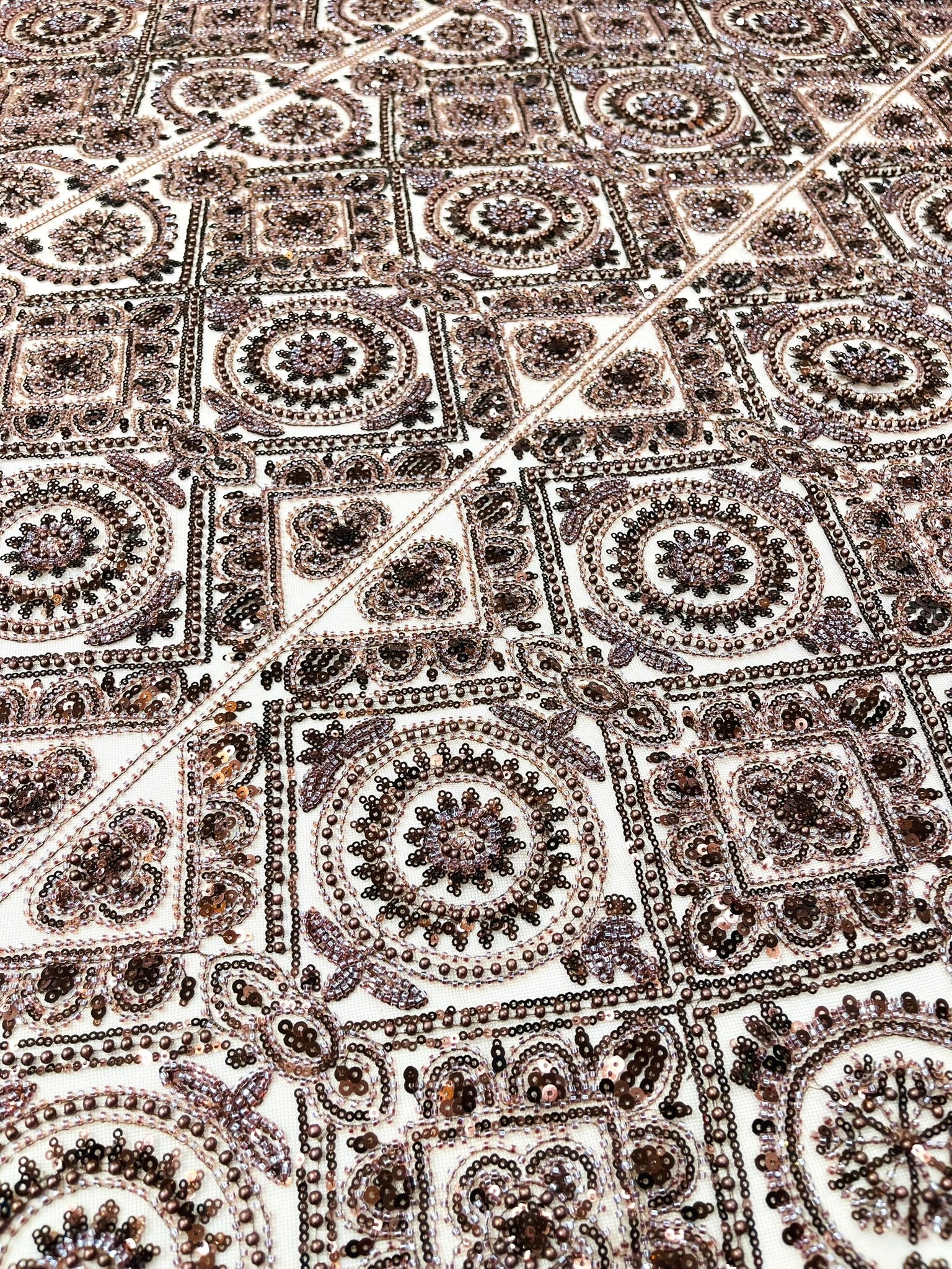 Geometric Beaded Lace Fabric, Heavy Embroidered Design on 58" Mesh for Dresses