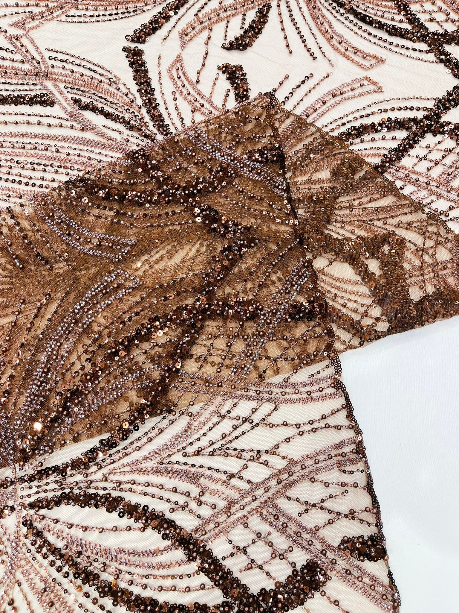 Palm Beaded Lace Fabric, Heavy Embroidered Design on 58" Mesh for Dresses