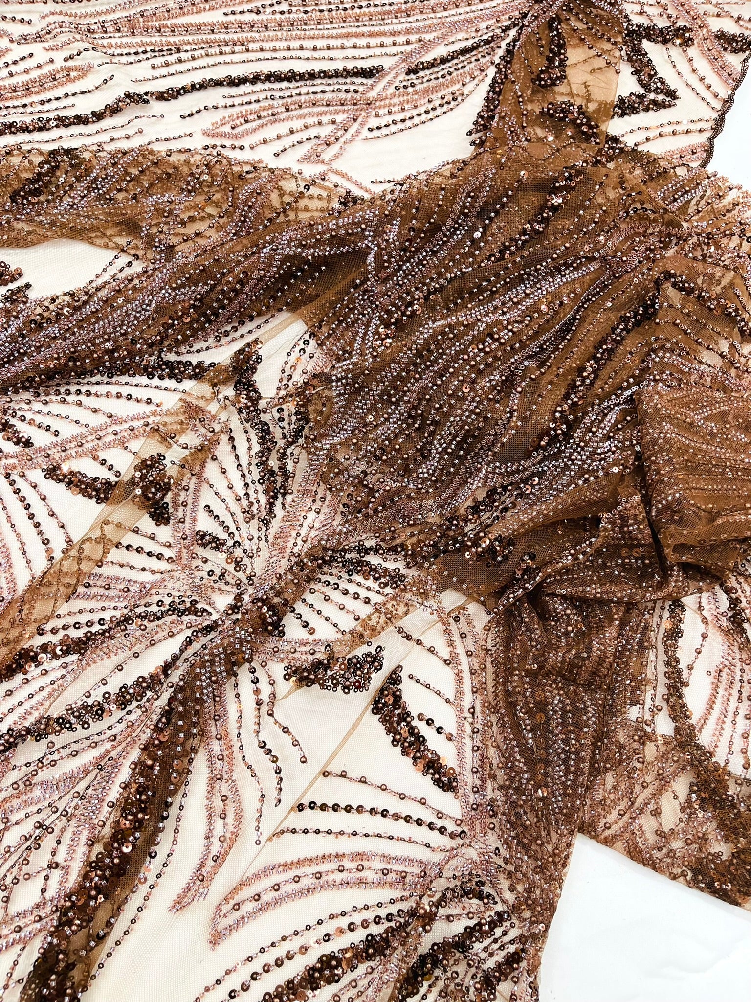 Palm Beaded Lace Fabric, Heavy Embroidered Design on 58" Mesh for Dresses