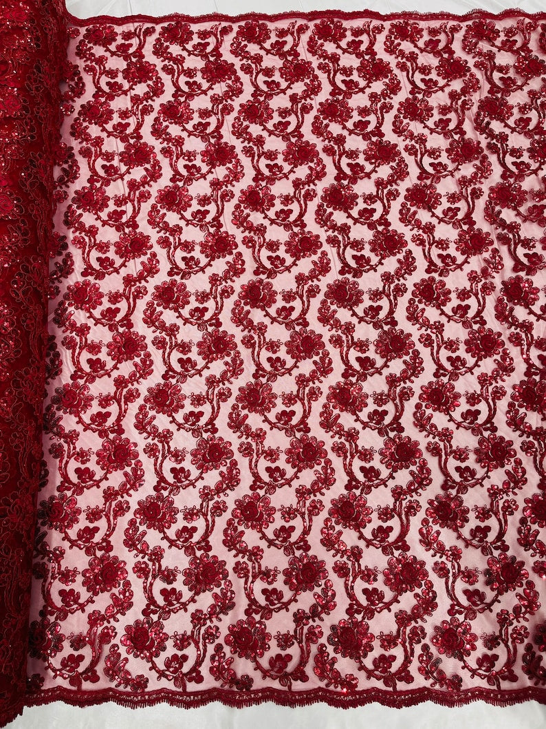 Flower Lace Sequins Fabric - Burgundy - Embroidery Floral Design Lace Fabric By Yard