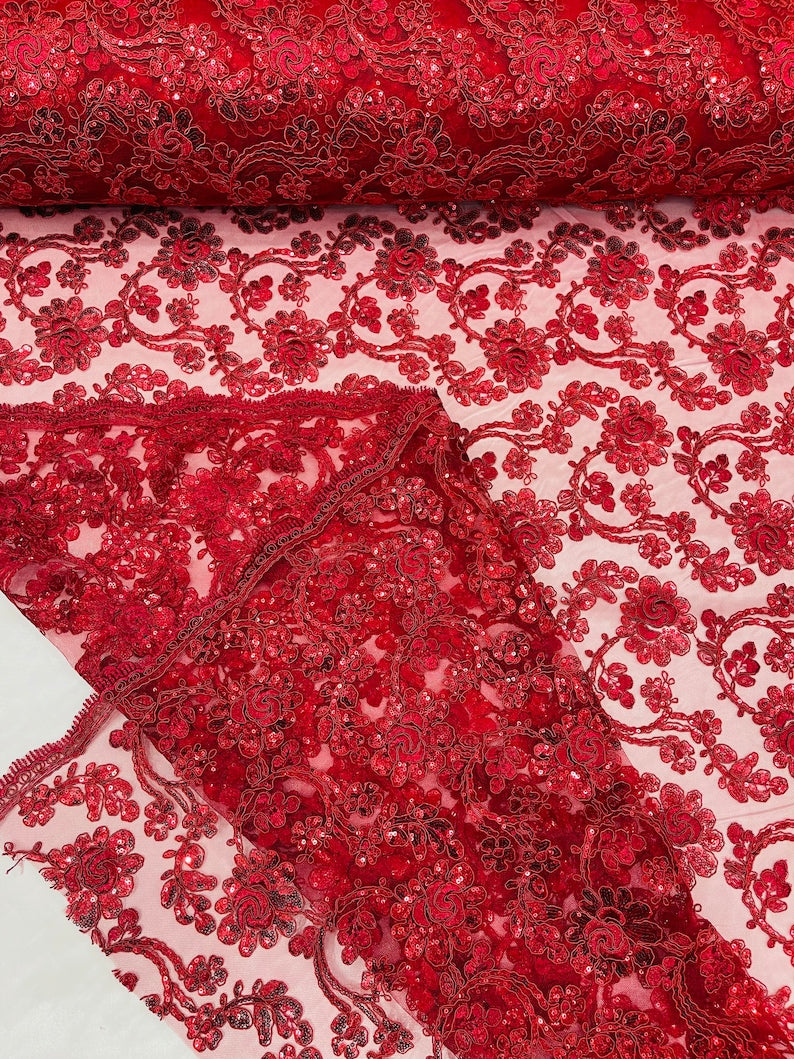 Flower Lace Sequins Fabric - Burgundy - Embroidery Floral Design Lace Fabric By Yard