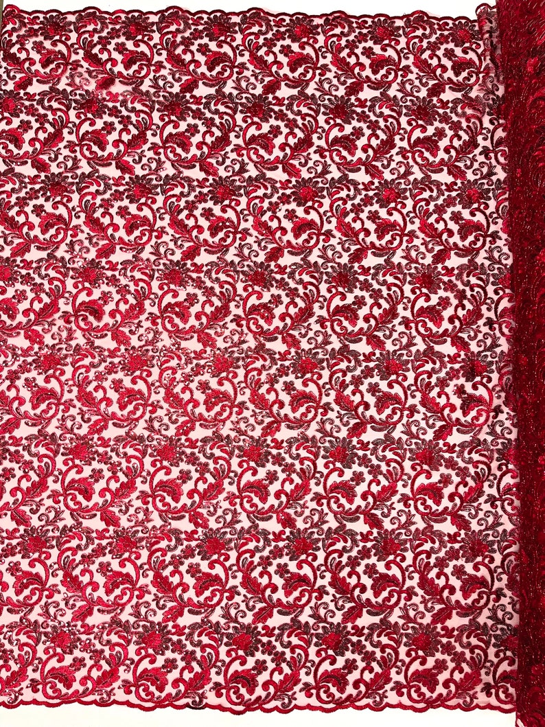 Flower Lace Sequins Corded Fabric - Burgundy - Embroidery Floral Design Lace Fabric By Yard