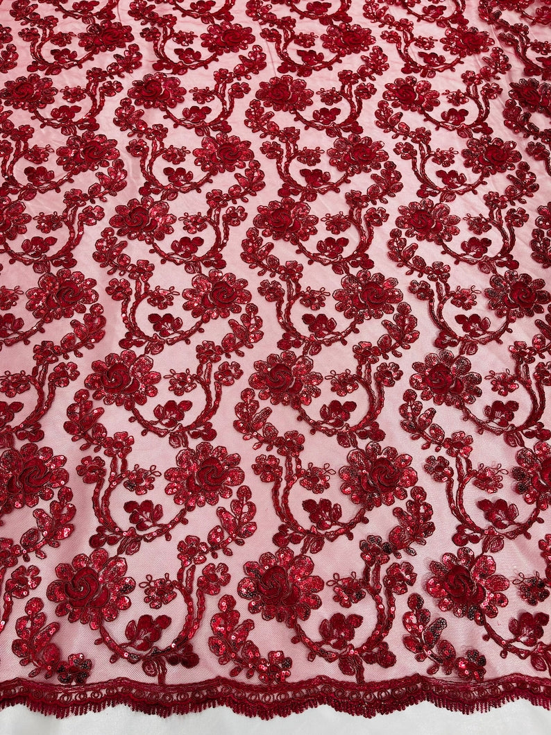 Flower Lace Sequins Fabric - Burgundy - Embroidery Floral Design Lace Fabric By Yard