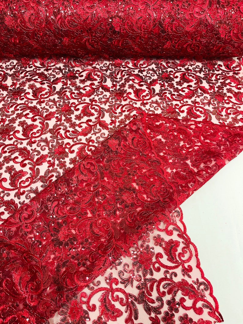 Flower Lace Sequins Corded Fabric - Burgundy - Embroidery Floral Design Lace Fabric By Yard