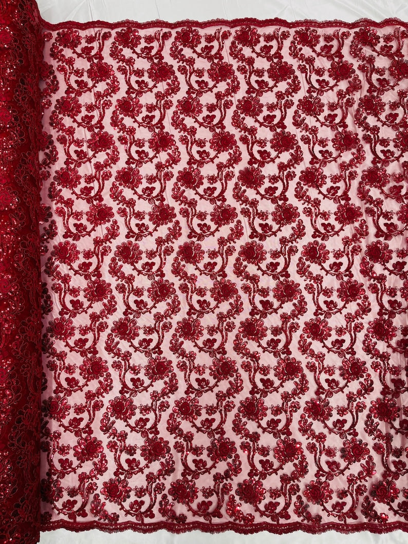 Flower Lace Sequins Fabric - Burgundy - Embroidery Floral Design Lace Fabric By Yard