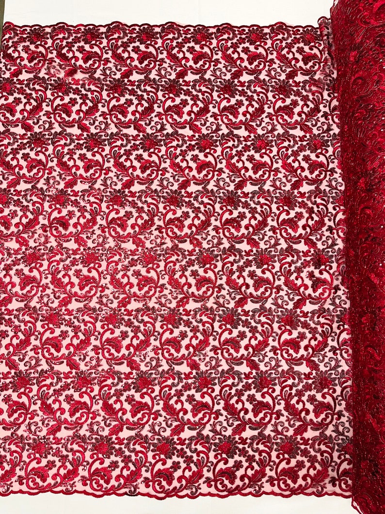 Flower Lace Sequins Corded Fabric - Burgundy - Embroidery Floral Design Lace Fabric By Yard