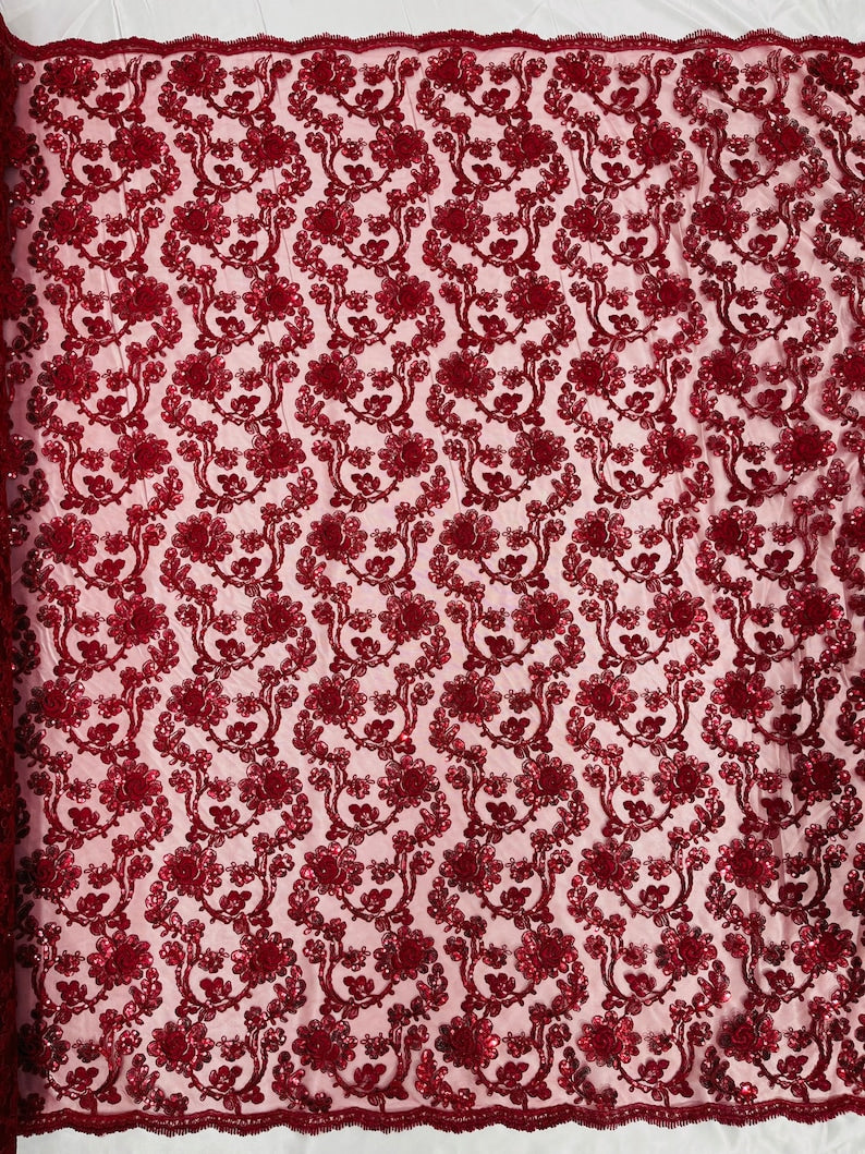 Flower Lace Sequins Fabric - Burgundy - Embroidery Floral Design Lace Fabric By Yard