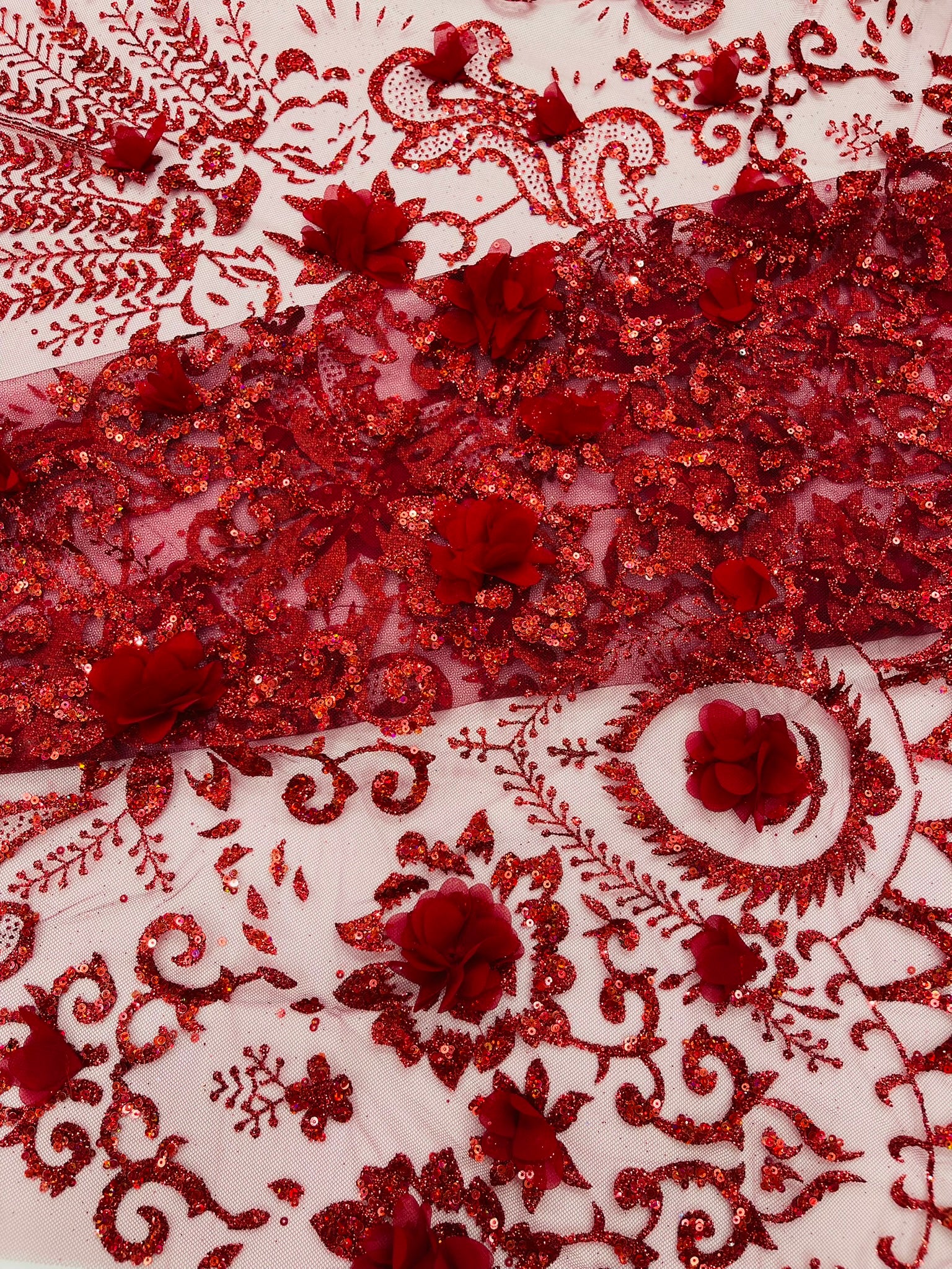 Floral 3D Palm Damask with glitter in a Mesh Lace- Sold by the yard