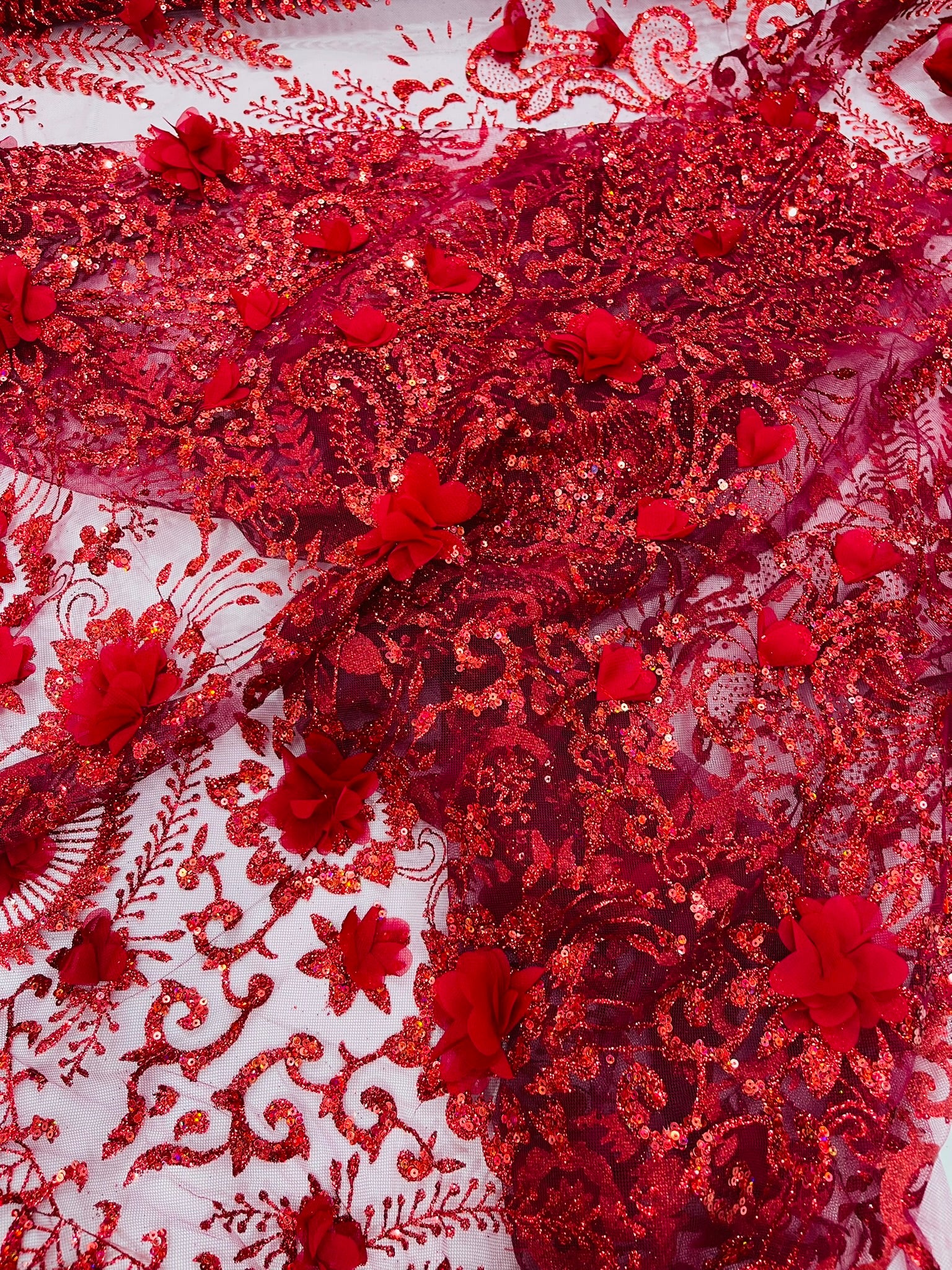 Floral 3D Palm Damask with glitter in a Mesh Lace- Sold by the yard