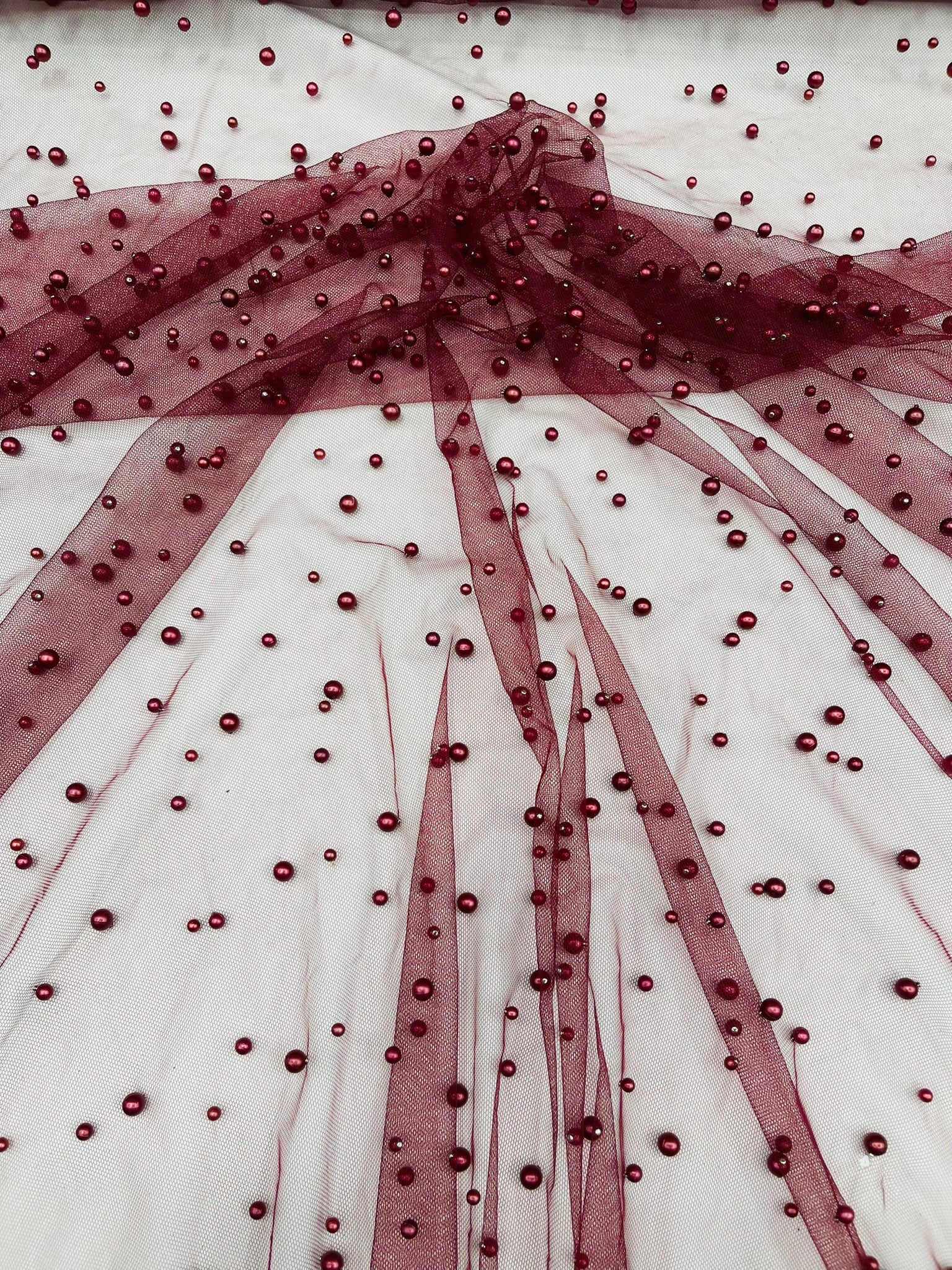 Scattered Pearls Studded Mesh, 2-Way Stretch, Sold by the yard.
