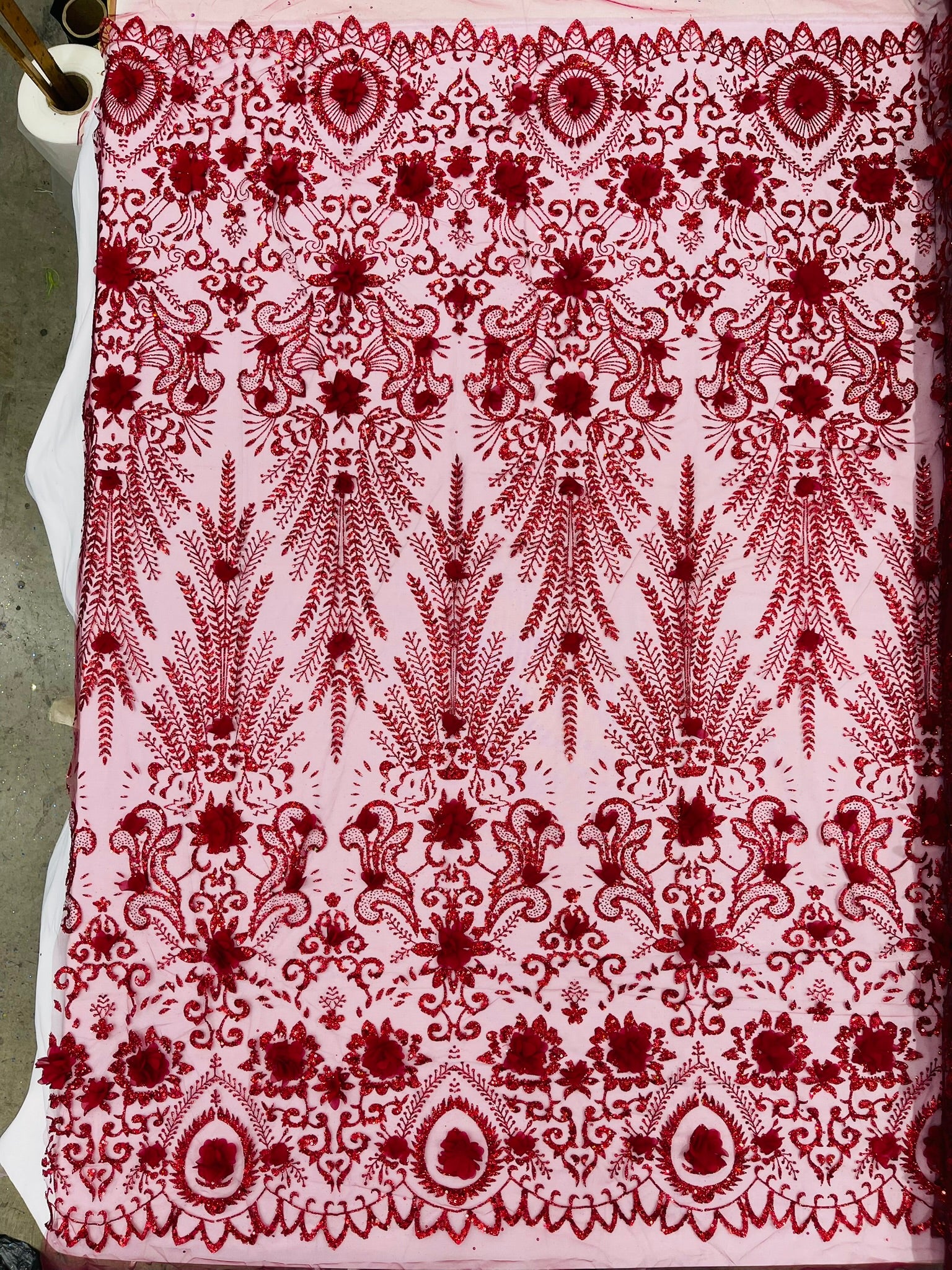Floral 3D Palm Damask with glitter in a Mesh Lace- Sold by the yard