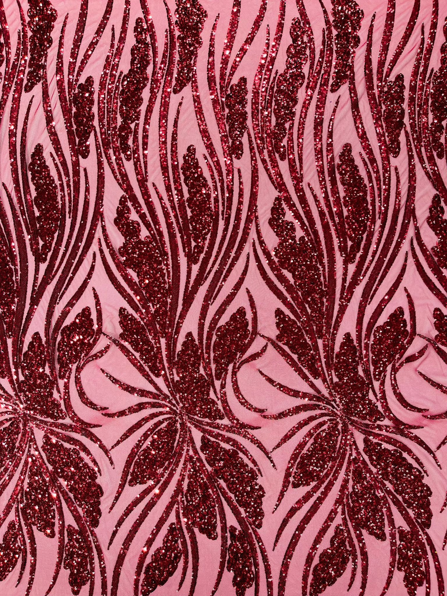 Feather damask shiny sequin design on a 4 way stretch White mesh Fabric-prom-sold by the yard.