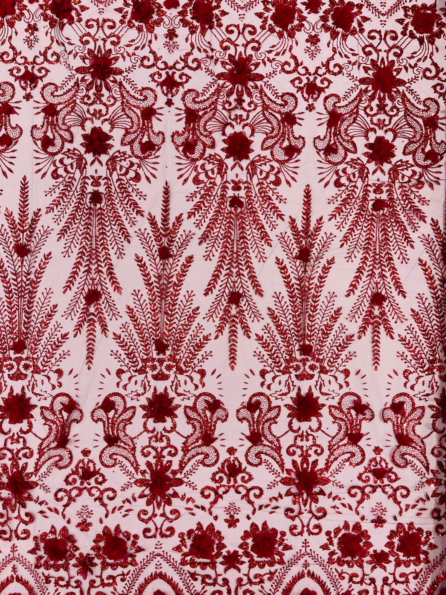 Floral 3D Palm Damask with glitter in a Mesh Lace- Sold by the yard