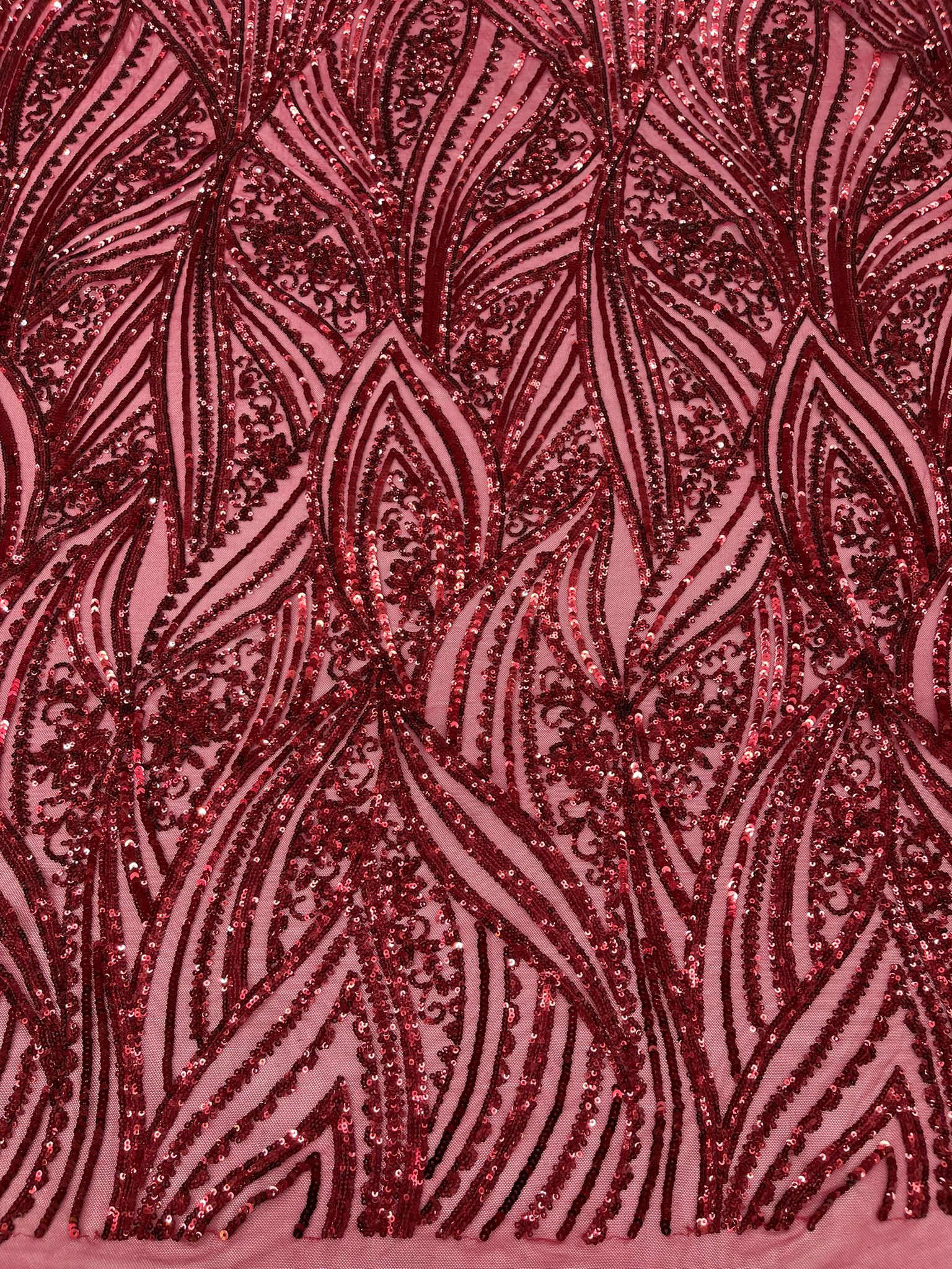 Geometric Feather wing shiny sequin design on a 4 way stretch mesh Fabric-prom-sold by the yard.