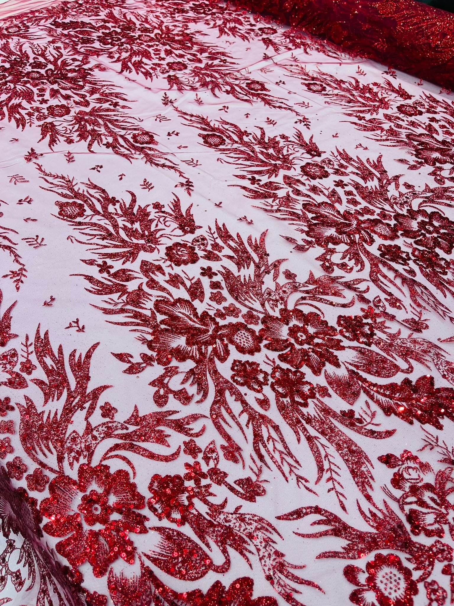 Big Glitter Damask Design On A Mesh Lace Fabric/Prom/Sold By The Yard