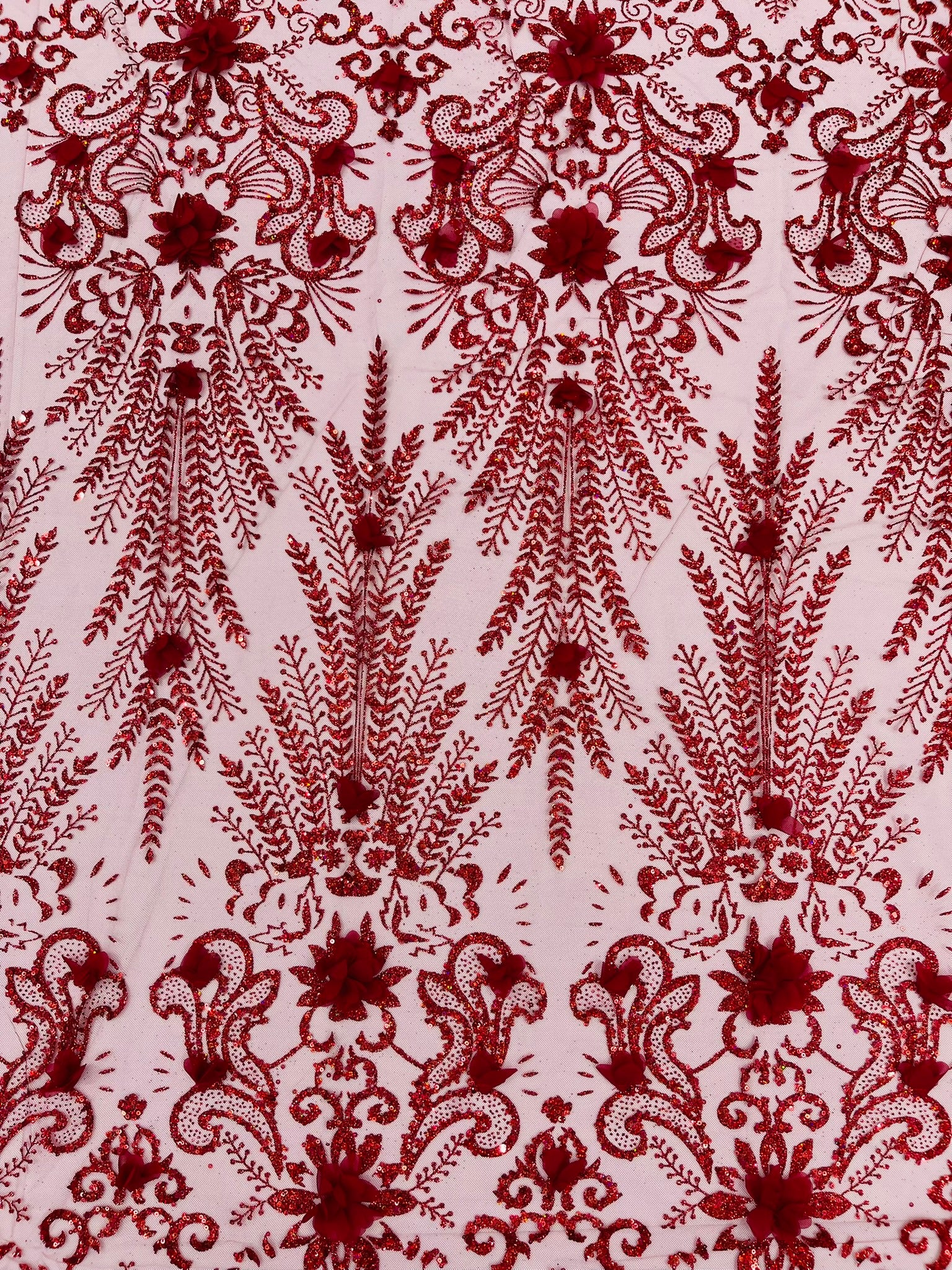 Floral 3D Palm Damask with glitter in a Mesh Lace- Sold by the yard