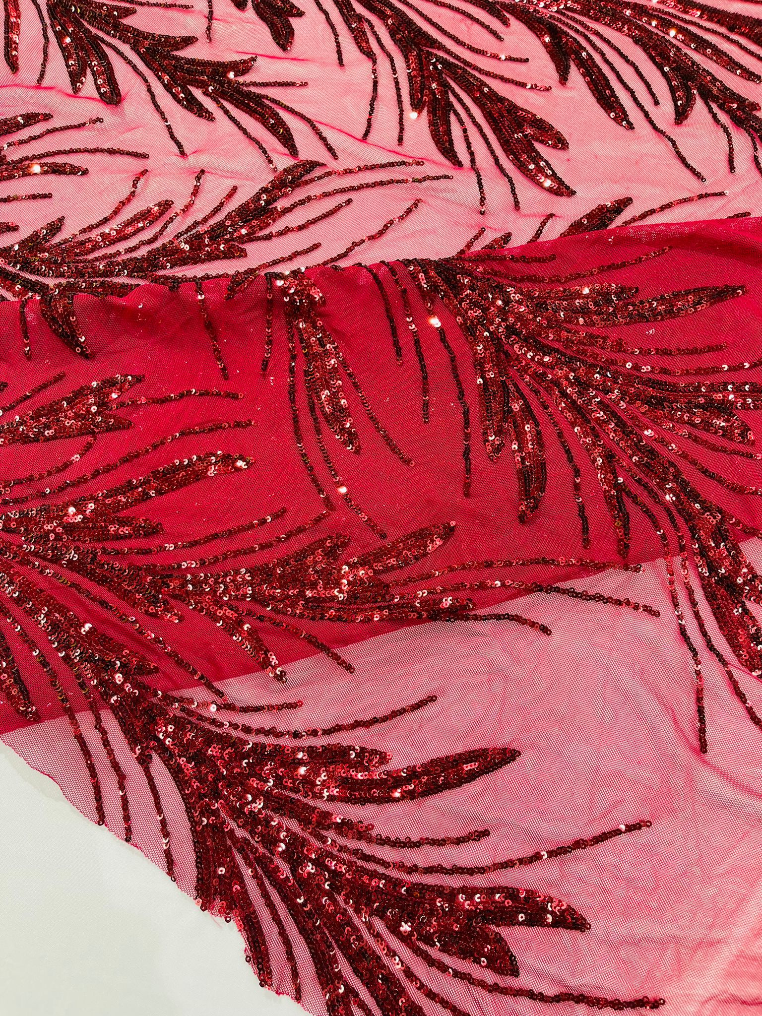 Feather Wing Shiny Sequin Design on a 4 Way Stretch mesh Fabric-Prom-Sold by The Yard.