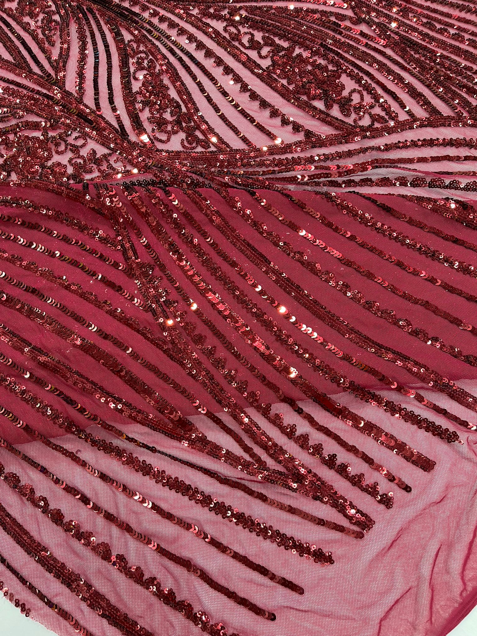 Geometric Feather wing shiny sequin design on a 4 way stretch mesh Fabric-prom-sold by the yard.