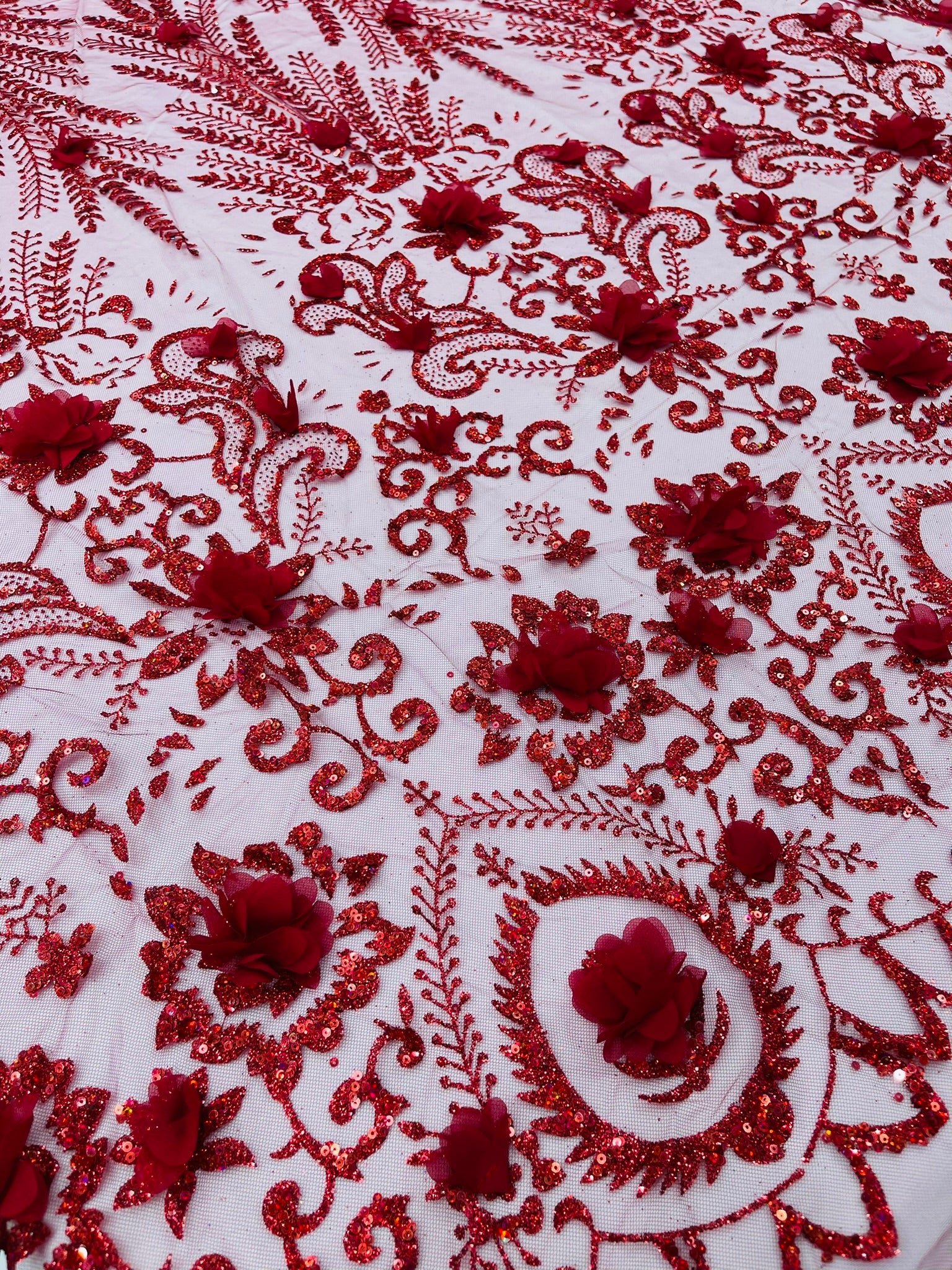 Floral 3D Palm Damask with glitter in a Mesh Lace- Sold by the yard