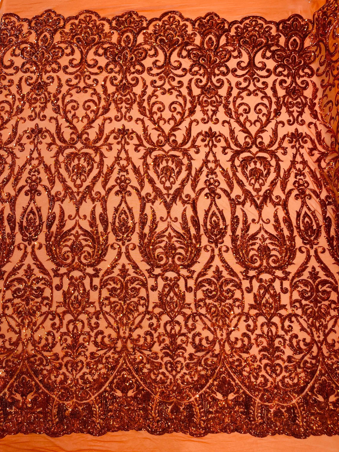 King Damask Design Sequins - Burnt Orange Hologram - 4 Way Stretch Lace Mesh Embroidered Sequins By Yard