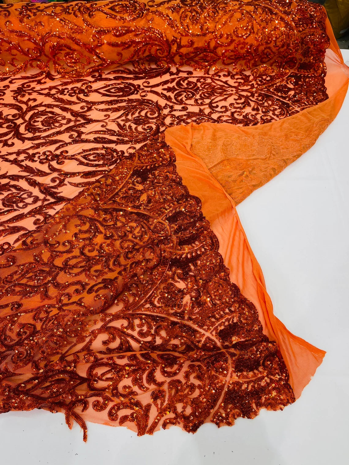 King Damask Design Sequins - Burnt Orange Hologram - 4 Way Stretch Lace Mesh Embroidered Sequins By Yard