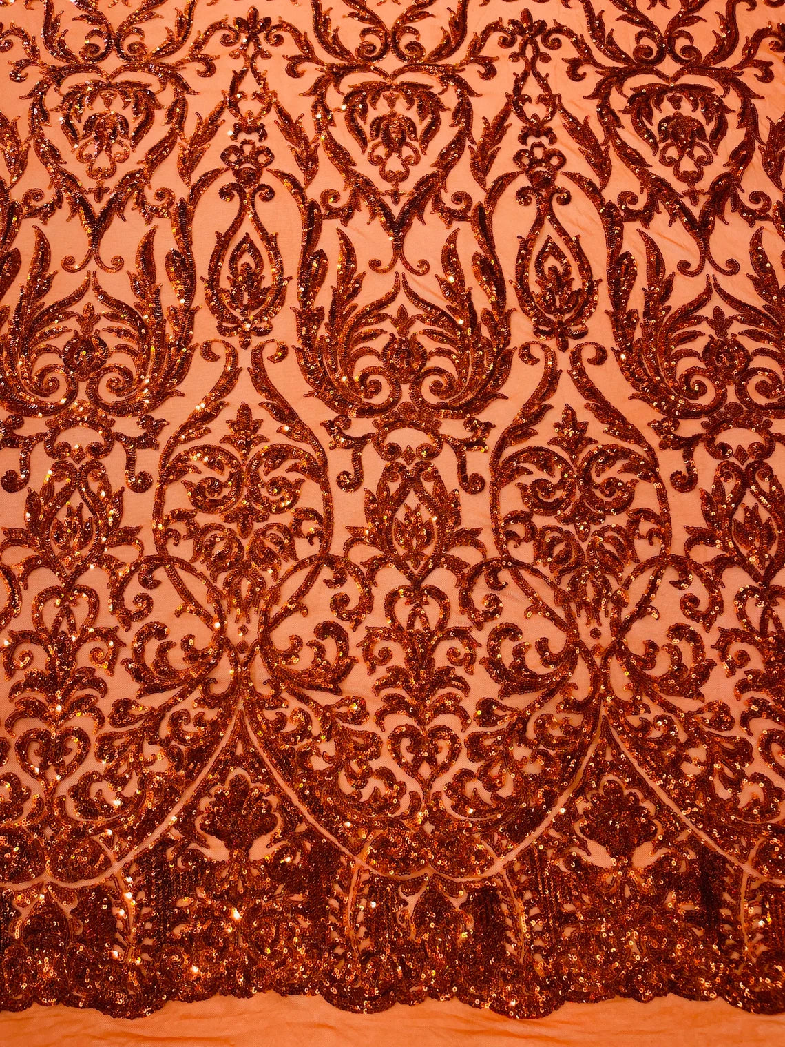 King Damask Design Sequins - Burnt Orange Hologram - 4 Way Stretch Lace Mesh Embroidered Sequins By Yard