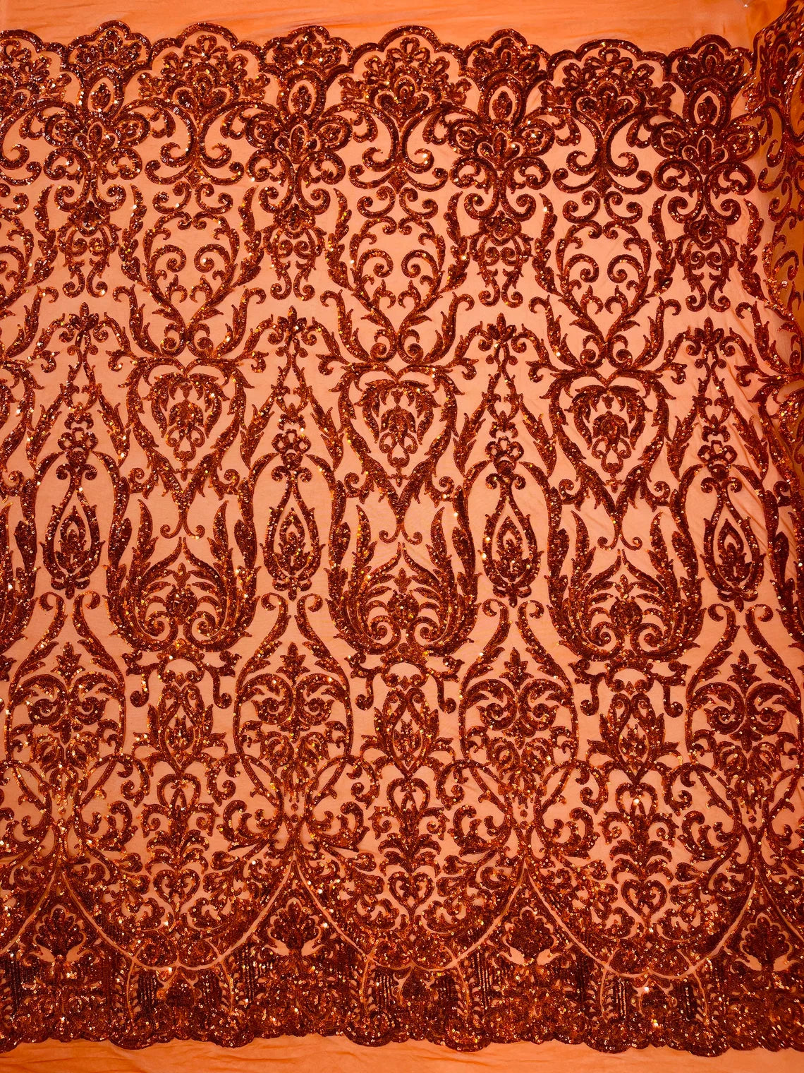 King Damask Design Sequins - Burnt Orange Hologram - 4 Way Stretch Lace Mesh Embroidered Sequins By Yard