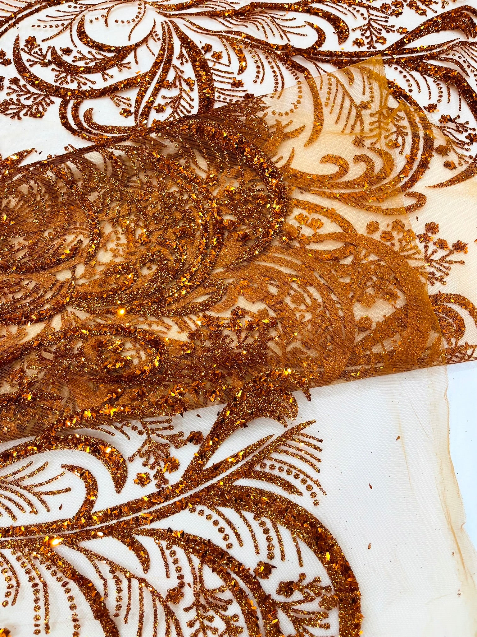 Palm Glitter Vine Design On A Mesh Lace Fabric 58"' Wide Prom.