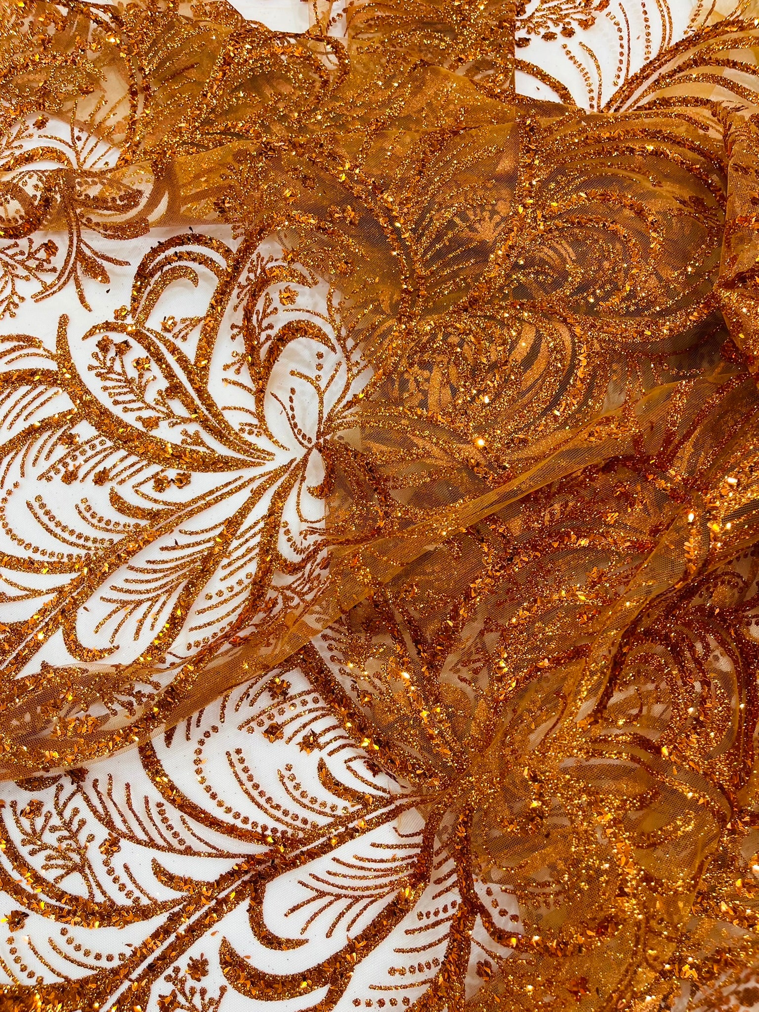Palm Glitter Vine Design On A Mesh Lace Fabric 58"' Wide Prom.