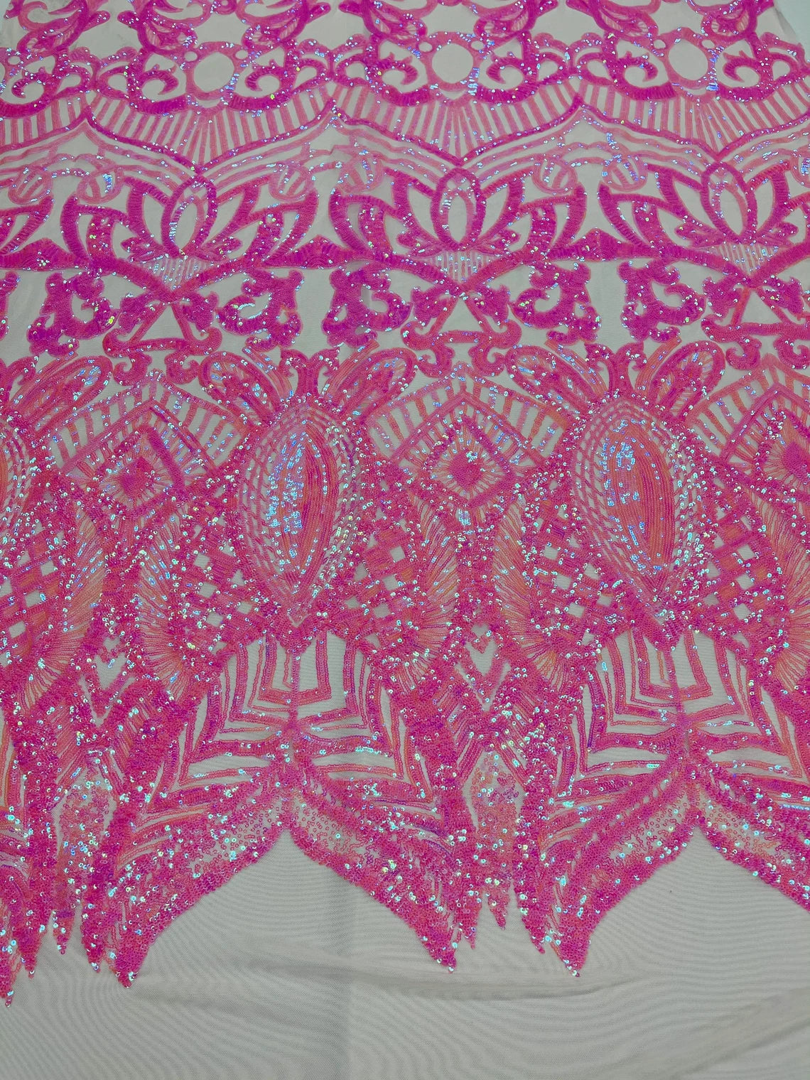 Royalty Damask Sequins Fabric - Candy Pink - Fancy Royal Lace Design 4 Way Stretch Sequins By Yard