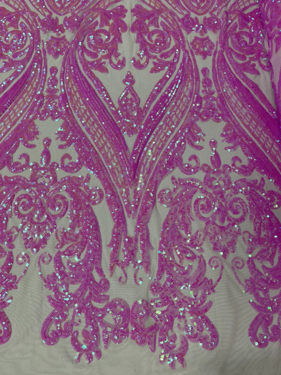 Big Damask 4 Way Sequins - Candy Pink - Embroidered Damask Design Sequins Fabric Sold By Yard