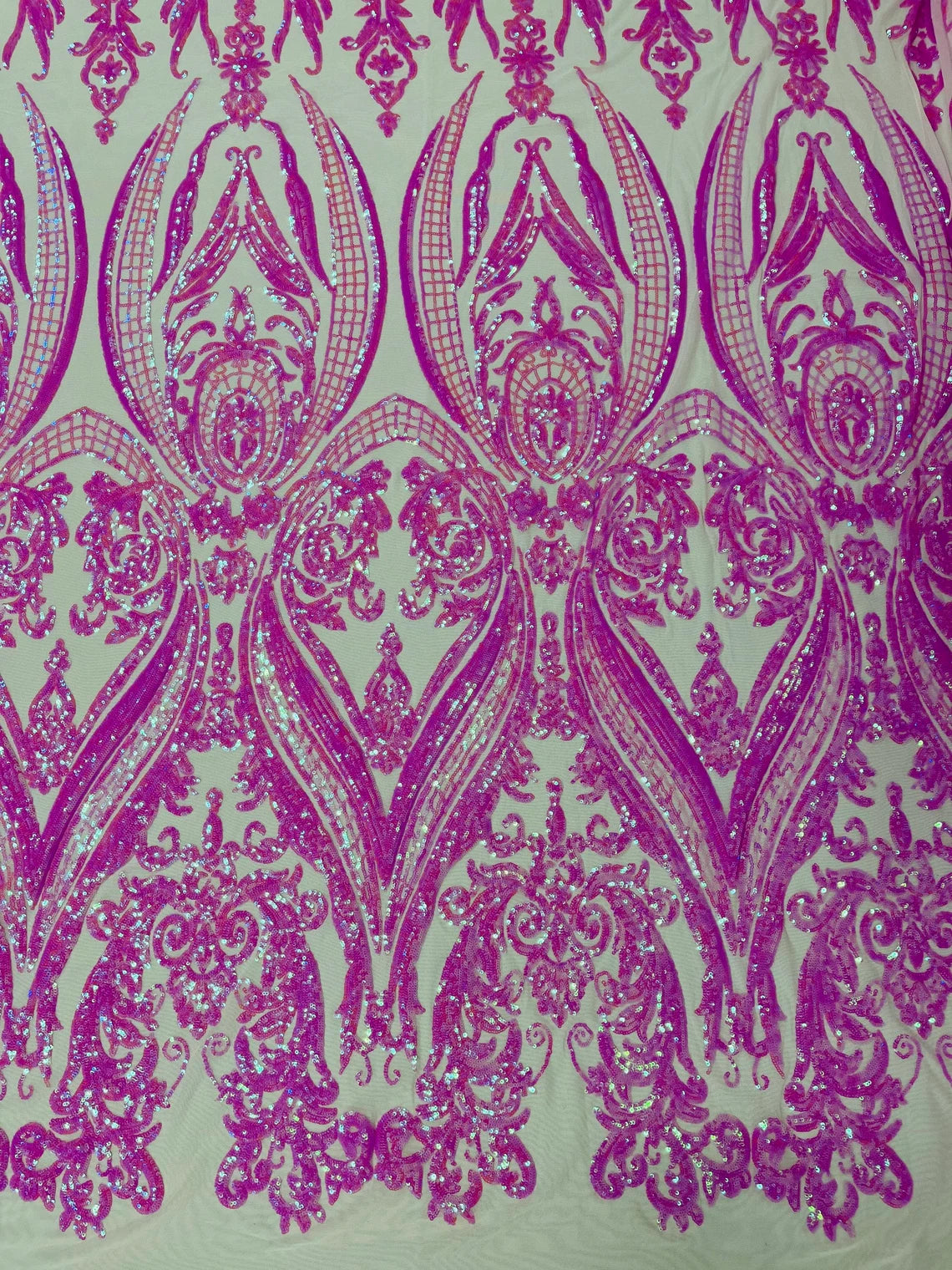 Big Damask 4 Way Sequins - Candy Pink - Embroidered Damask Design Sequins Fabric Sold By Yard