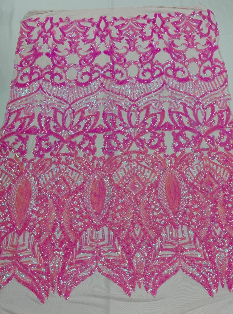 Royalty Damask Sequins Fabric - Candy Pink - Fancy Royal Lace Design 4 Way Stretch Sequins By Yard