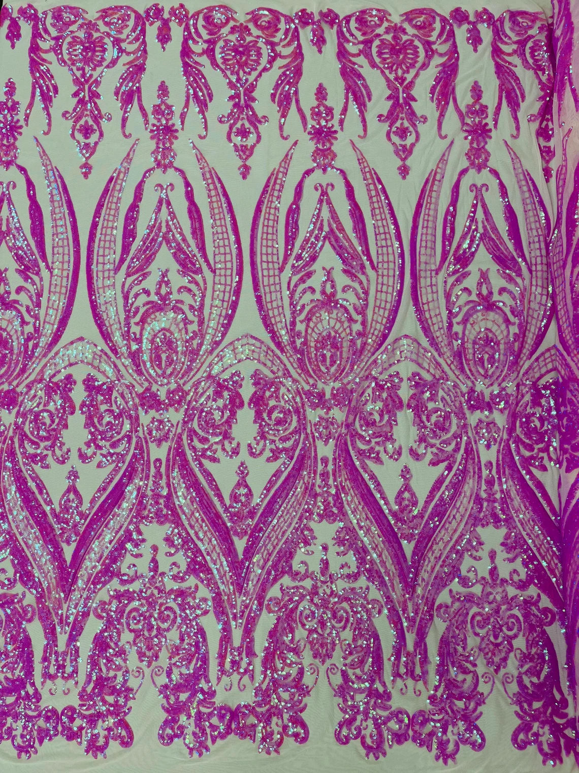 Big Damask 4 Way Sequins - Candy Pink - Embroidered Damask Design Sequins Fabric Sold By Yard