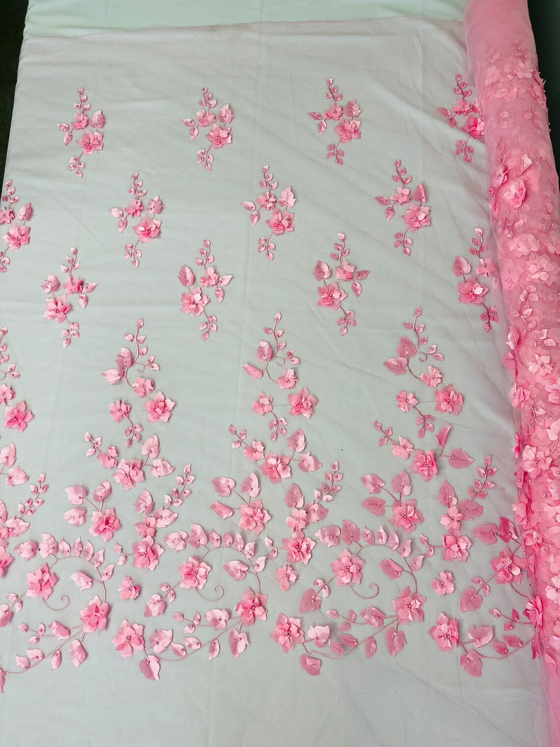 3D Flower Pearl Fabric - Candy Pink - Embroidered Flowers Pearl Center Single Border Sold By Yard